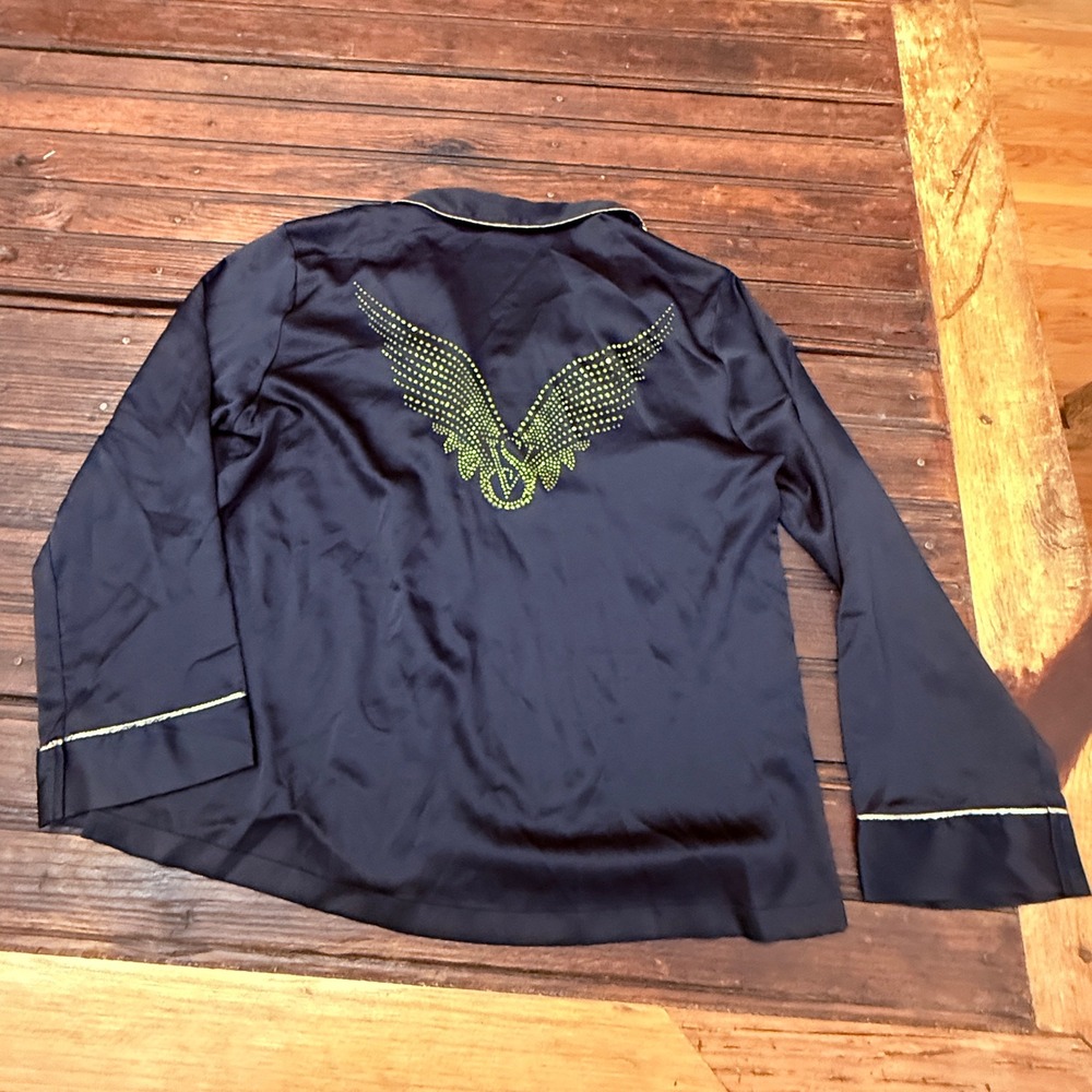 Victorias Secret Fashion Show 2025 Pajama Top Black Satin Rhinestone Wings XS